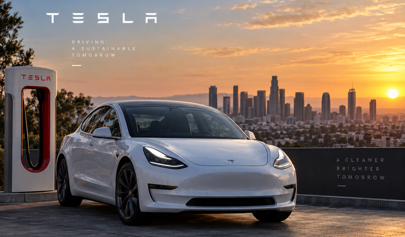 מכונית Tesla ועמדת Supercharger – אילוסטרציית בינה מלאכותית למדריך מניית TSLA