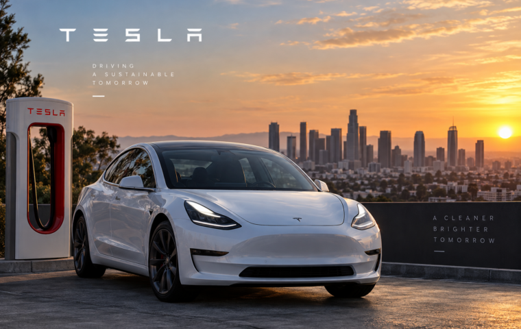 מכונית Tesla ועמדת Supercharger – אילוסטרציית בינה מלאכותית למדריך מניית TSLA