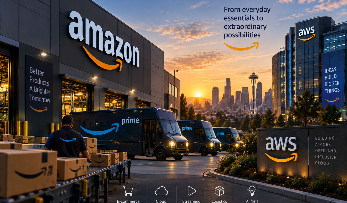 Amazon, AWS ומשלוחי Prime – אילוסטרציית בינה מלאכותית למדריך מניית AMZN