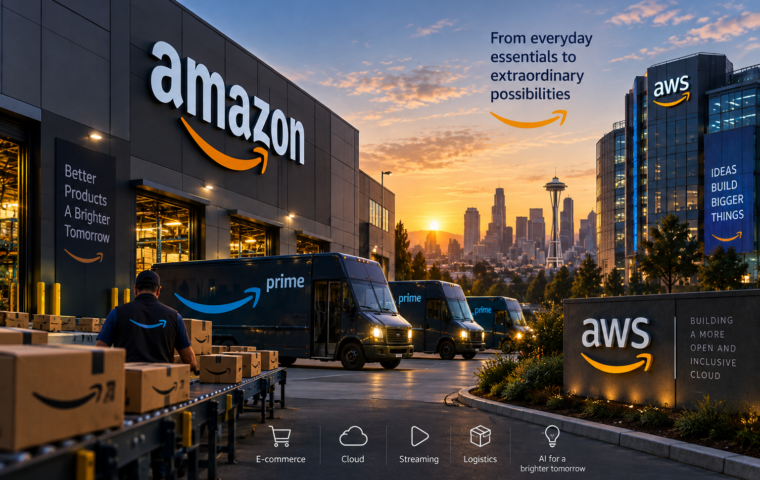 Amazon, AWS ומשלוחי Prime – אילוסטרציית בינה מלאכותית למדריך מניית AMZN