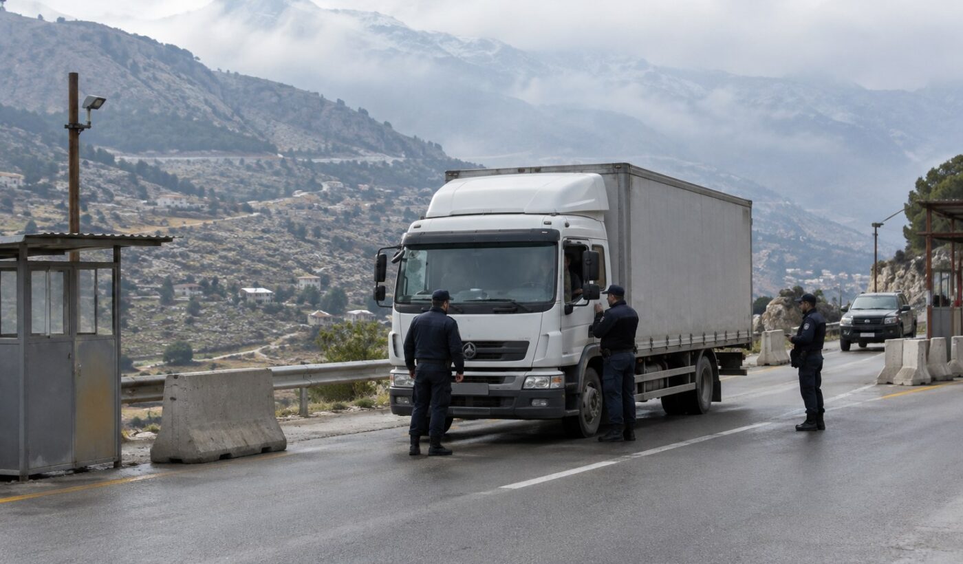 תמונת אילוסטרציה שנוצרה בבינה מלאכותית: רכב מסחרי במחסום ביטחוני בהרי לבנון, בהקשר תפיסת חומרי נפץ
