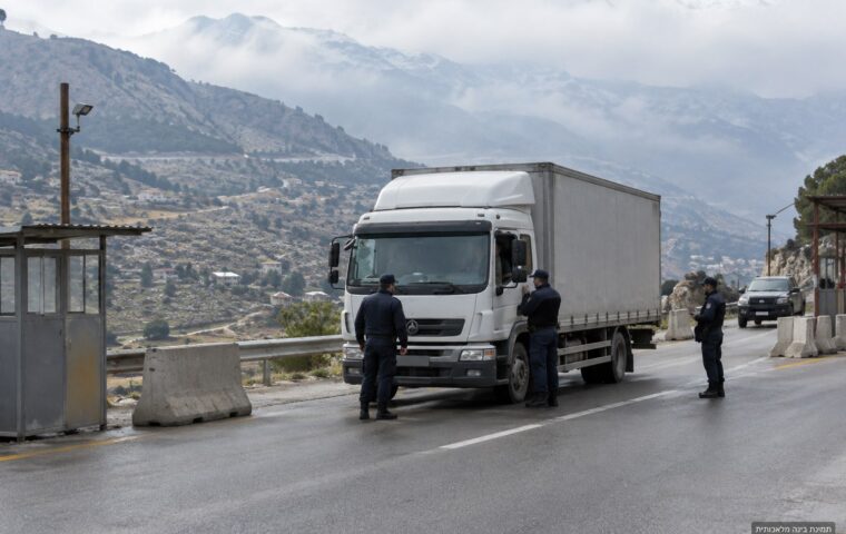 תמונת אילוסטרציה שנוצרה בבינה מלאכותית: רכב מסחרי במחסום ביטחוני בהרי לבנון, בהקשר תפיסת חומרי נפץ