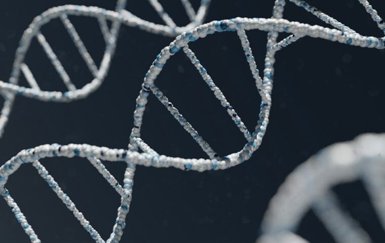 מודל DNA מופשט על רקע כהה, תמונת אילוסטרציה לחקר החיים המולקולריים ההפוכים